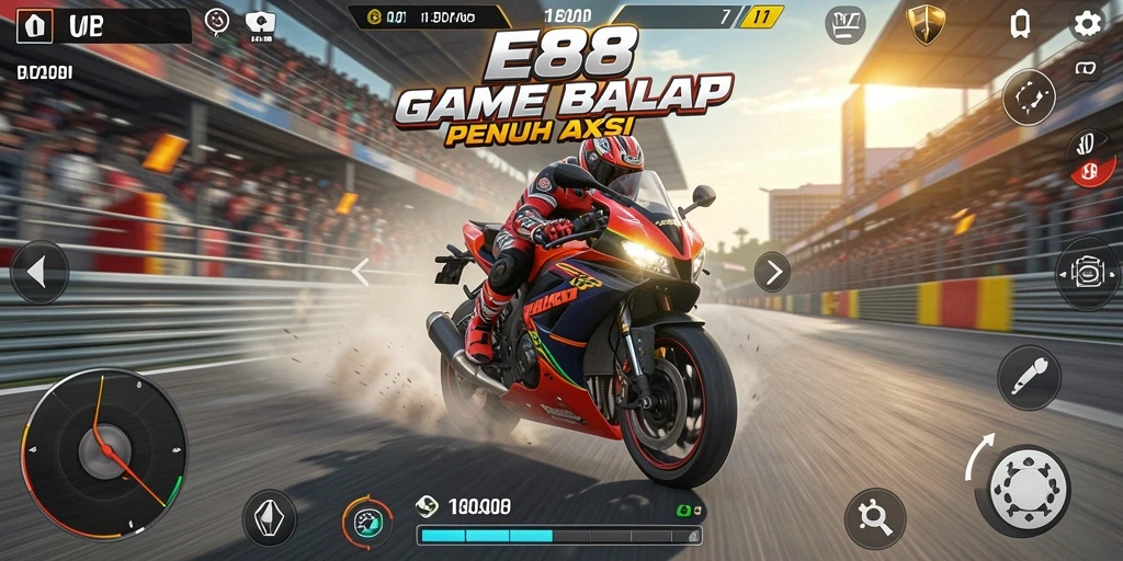 Tangkapan layar utama E88 menampilkan aksi balapan motor yang mendebarkan.