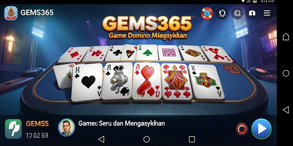 Screen utama GEMS365 menampilkan gameplay Domino yang menarik.