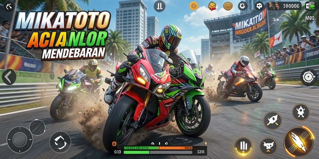 Screenshot MIKATOTO menunjukkan aksi balap motor yang mendebarkan.