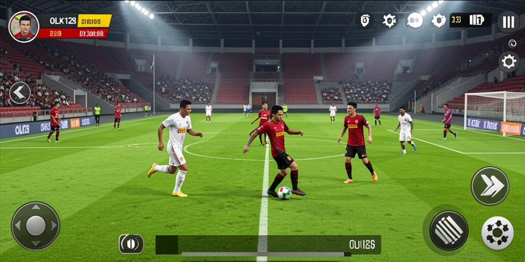 Screenshot gameplay seru dari OLX128 dengan aksi sepak bola intens.