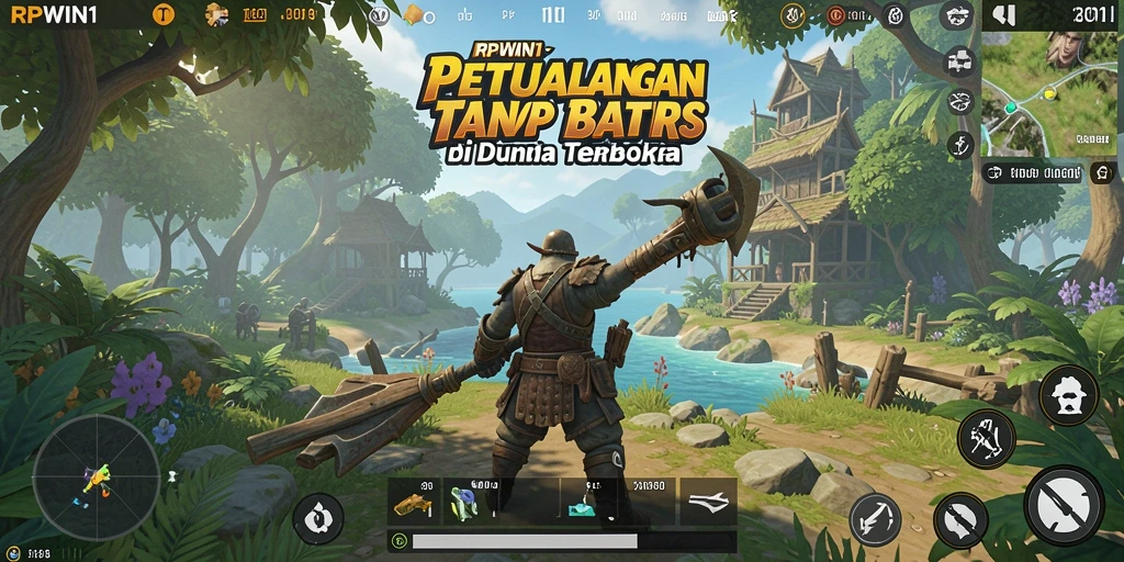 Screenshot menunjukkan pemain menjelajahi dunia terbuka yang luas.