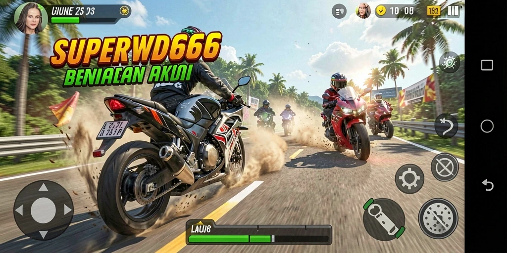 Gameplay SUPERWD666 menampilkan balapan motor yang seru dan mendebarkan.