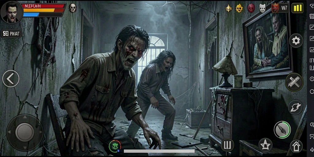 Screenshot gameplay W67 yang menampilkan suasana mencekam dan karakter menakutkan.